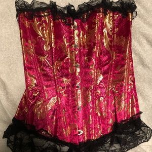 Red and gold brocade style overbust corset, size S